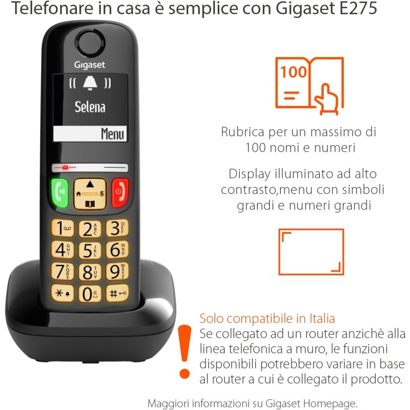 Gigaset E275 Il nuovo telefono cordless dai tasti grandi, numeri grandi e suonerie forti. Nero, Italia Gigaset E275 Il nuovo telefono cordless dai tasti grandi, numeri grandi e suonerie forti. Nero, Italia