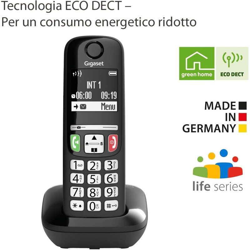 Gigaset E275 Il nuovo telefono cordless dai tasti grandi, numeri grandi e suonerie forti. Nero, Italia Gigaset E275 Il nuovo telefono cordless dai tasti grandi, numeri grandi e suonerie forti. Nero, Italia