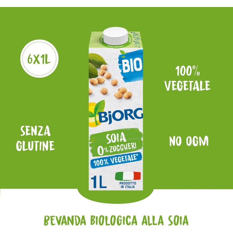 BJORG Bevanda di Soia Naturale 0% Zuccheri, Vegetale Biologica, Senza Glutine, Gusto Delicato, 6x1L - 6 l (Confezione da 1) BJORG Bevanda di Soia Naturale 0% Zuccheri, Vegetale Biologica, Senza Glutine, Gusto Delicato, 6x1L - 6 l (Confezione da 1)