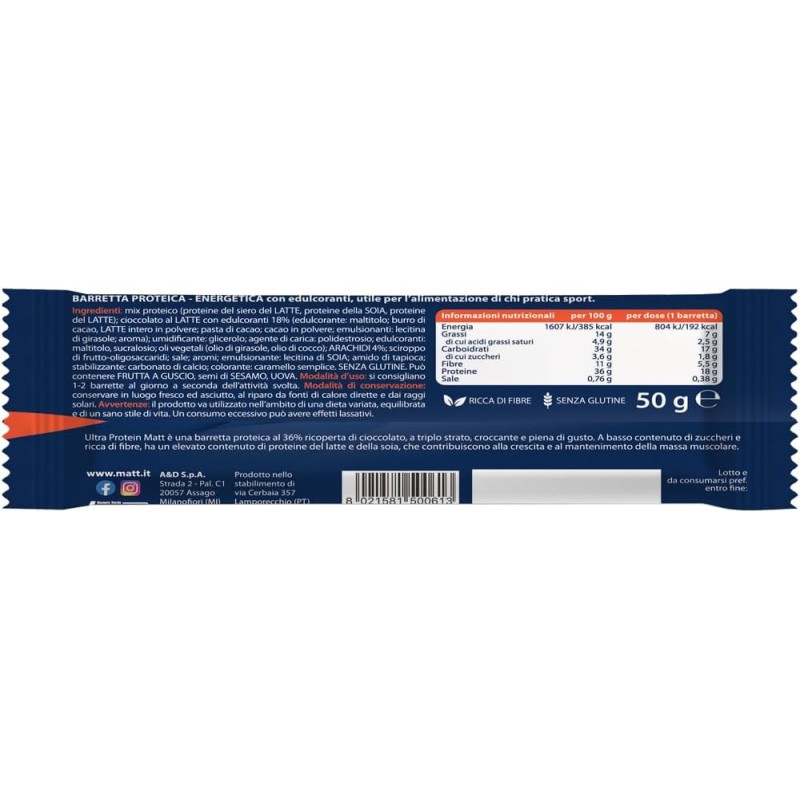 Matt Sport - Ultra Protein Salty Peanuts - Barretta Proteica al 36% Croccante con Cioccolato al Latte e Arachidi , a Basso Contenuto di Zuccheri e con Proteine del Latte e della Soia - 50 g Matt Sport - Ultra Protein Salty Peanuts - Barretta Proteica al 36% Croccante con Cioccolato al Latte e Arachidi , a Basso Contenuto di Zuccheri e con Proteine del Latte e della Soia - 50 g