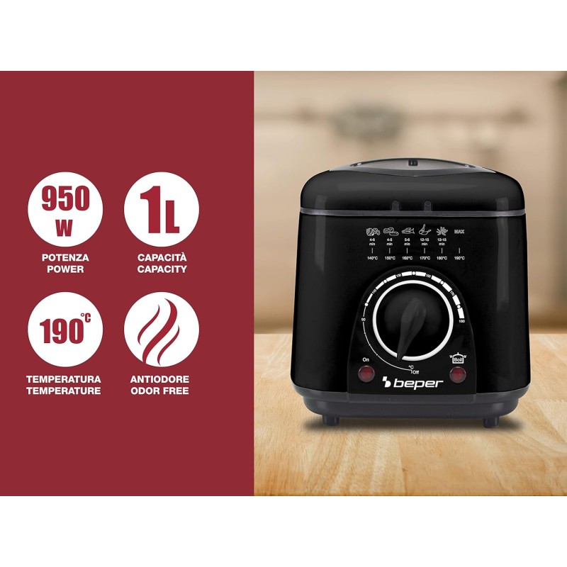 Beper Friggitrice elettrica P101FRI100 1 L, 950 W, cestello in acciaio rimovibile, coperchio con oblò, filtro rimovibile lavabile, temperatura regolabile, piedini antiscivolo, nera - 1 L