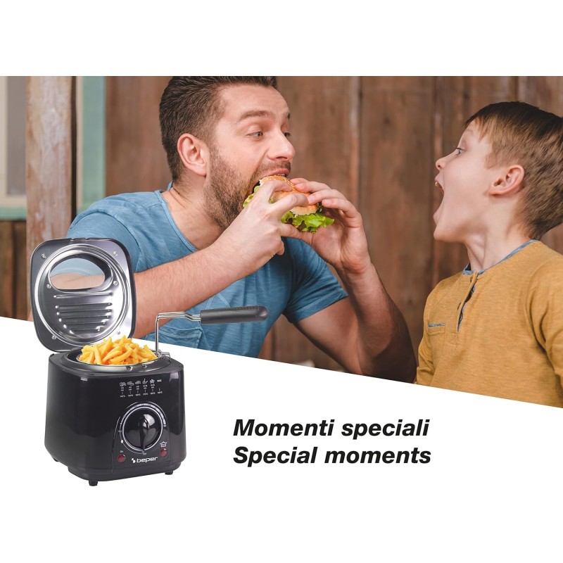 Beper Friggitrice elettrica P101FRI100 1 L, 950 W, cestello in acciaio rimovibile, coperchio con oblò, filtro rimovibile lavabile, temperatura regolabile, piedini antiscivolo, nera - 1 L