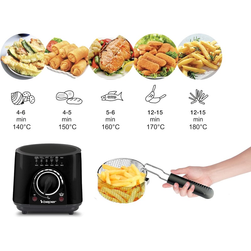 Beper Friggitrice elettrica P101FRI100 1 L, 950 W, cestello in acciaio rimovibile, coperchio con oblò, filtro rimovibile lavabile, temperatura regolabile, piedini antiscivolo, nera - 1 L