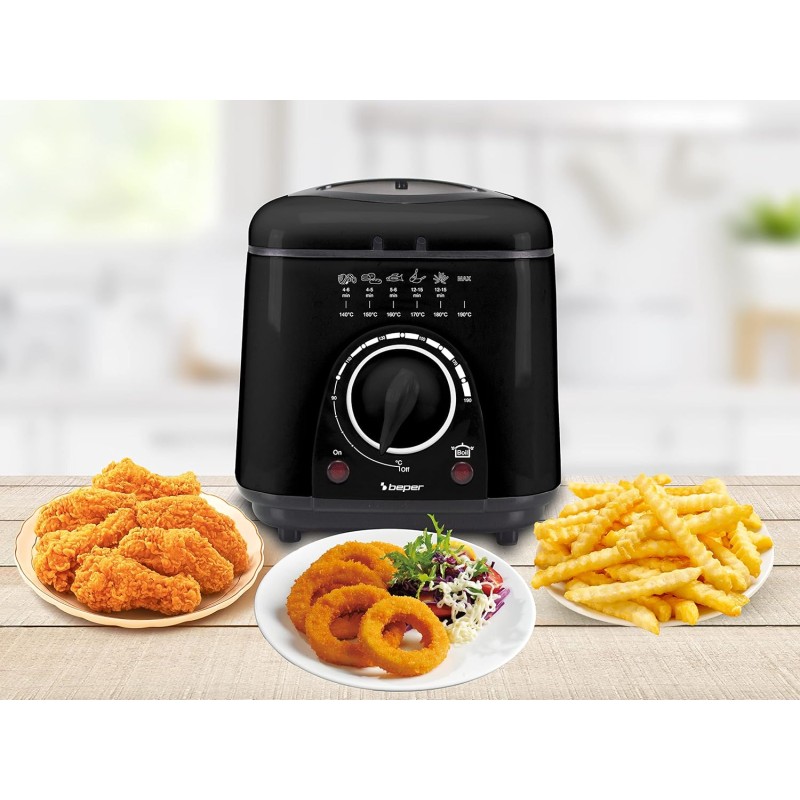 Beper Friggitrice elettrica P101FRI100 1 L, 950 W, cestello in acciaio rimovibile, coperchio con oblò, filtro rimovibile lavabile, temperatura regolabile, piedini antiscivolo, nera - 1 L