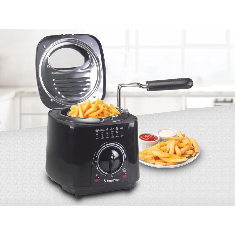 Beper Friggitrice elettrica P101FRI100 1 L, 950 W, cestello in acciaio rimovibile, coperchio con oblò, filtro rimovibile lavabile, temperatura regolabile, piedini antiscivolo, nera - 1 L