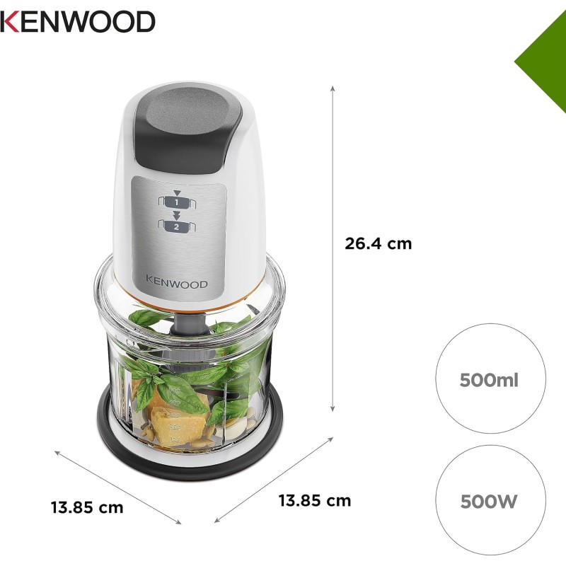 Kenwood Chopper CHP61.100WH, Potenza 500W, Ciotola da 0.5L, 2 velocità, Sistema a quattro lame, Anello antiscivolo per la stabilità del tritatutto, Lavabile in Lavastoviglie, Bianco/SIlver