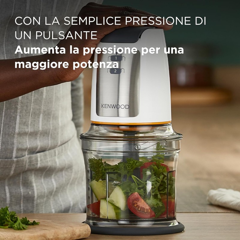 Kenwood Chopper CHP61.100WH, Potenza 500W, Ciotola da 0.5L, 2 velocità, Sistema a quattro lame, Anello antiscivolo per la stabilità del tritatutto, Lavabile in Lavastoviglie, Bianco/SIlver