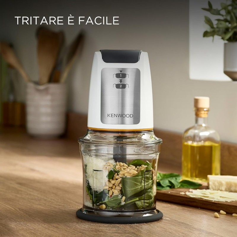 Kenwood Chopper CHP61.100WH, Potenza 500W, Ciotola da 0.5L, 2 velocità, Sistema a quattro lame, Anello antiscivolo per la stabilità del tritatutto, Lavabile in Lavastoviglie, Bianco/SIlver