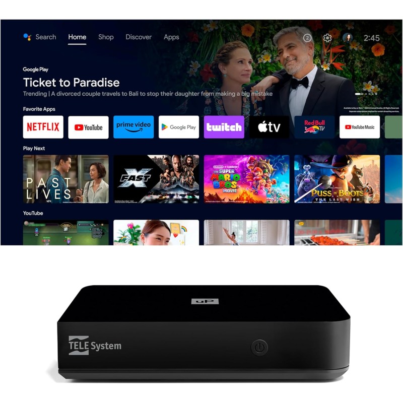 TELE System UP T2 4K: Decoder digitale terrestre Android TV ULTRA HD, Smart TV Upgrade, Tuner DVB-T2 HEVC HDR10+HLG, HDMI/SCART Adapter Incluso-Certificato Google