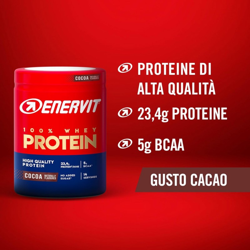 Enervit, 100% Whey Protein, Gusto Cacao, Ideale dopo l'Allenamento, Ricco di Vitamina B6, con Proteine dal Siero del Latte, Senza Zuccheri Aggiunti, Senza Glutine, Barattolo da 420 Grammi Enervit, 100% Whey Protein, Gusto Cacao, Ideale dopo l'Allenamento, Ricco di Vitamina B6, con Proteine dal Siero del Latte, Senza Zuccheri Aggiunti, Senza Glutine, Barattolo da 420 Grammi