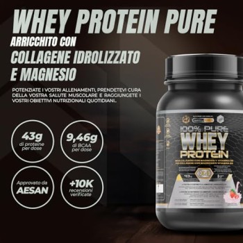 Healthy Fusion Whey Protein | Proteina pura con Collagene + Magnesio | Tonifica e aumenta la massa muscolare | Migliora i tuoi allenamenti | 1000g (Fragola)