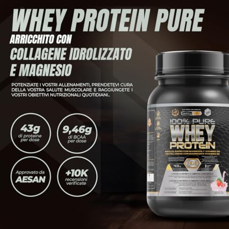 Healthy Fusion Whey Protein | Proteina pura con Collagene + Magnesio | Tonifica e aumenta la massa muscolare | Migliora i tuoi allenamenti | 1000g (Fragola)