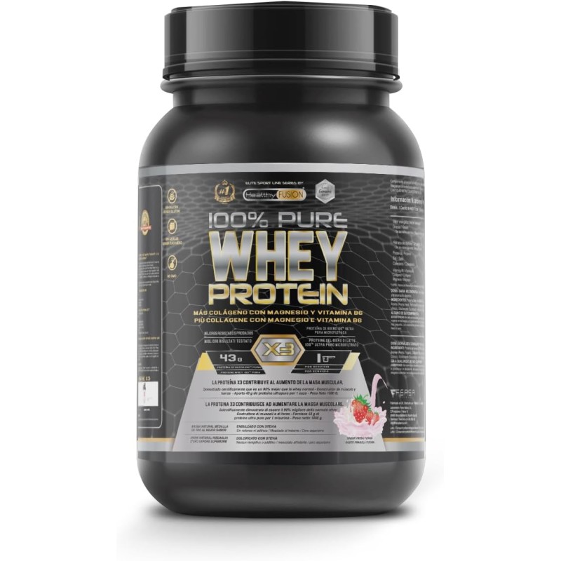 Healthy Fusion Whey Protein | Proteina pura con Collagene + Magnesio | Tonifica e aumenta la massa muscolare | Migliora i tuoi allenamenti | 1000g (Fragola)