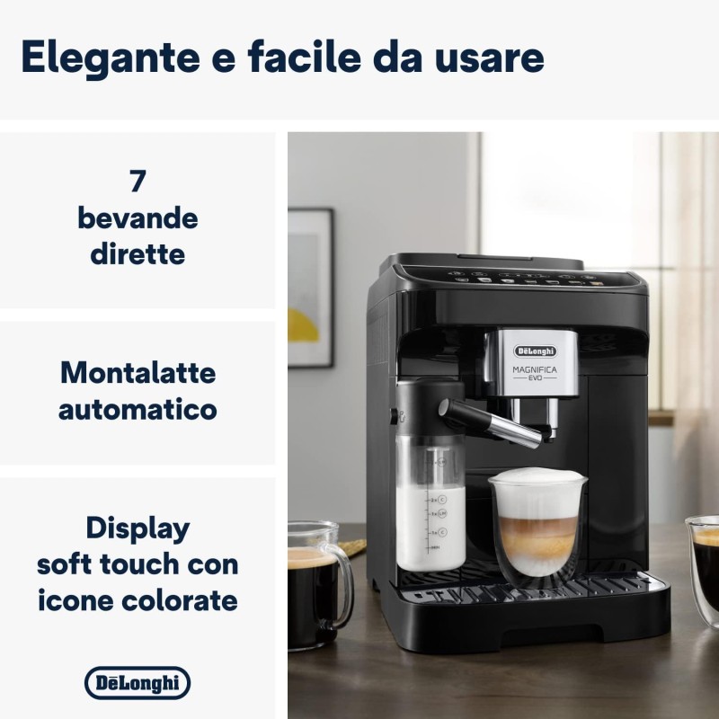 De'Longhi Magnifica Evo ECAM292.81.B, Macchina da caffè Automatica, Chicchi macinati al momento, Caraffa MontaLatte Automatica per Cappuccini, 7 Bevande One Touch, Spegnimento Programmmabile, Nero - 7 bevande De'Longhi Magnifica Evo ECAM292.81.B, Macchina da caffè Automatica, Chicchi macinati al momento, Caraffa MontaLatte Automatica per Cappuccini, 7 Bevande One Touch, Spegnimento Programmmabile, Nero - 7 bevande