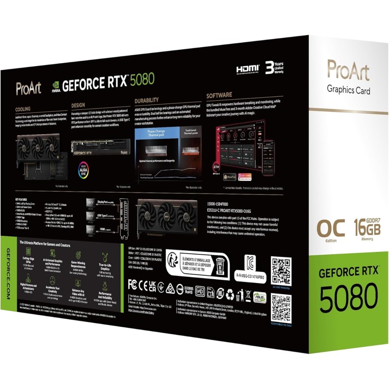 ASUS ProArt NVIDIA GeForce RTX 5080 OC Edition, Scheda Grafica 16 GB GDDR7, 256 Bit, PCIe 5.0, 1 HDMI 2.1, 2 DisplayPort 2.1, 1 USB-C, Software GPU Tweak III, Nero, PROART-RTX5080-O16G - O16 GB ASUS ProArt NVIDIA GeForce RTX 5080 OC Edition, Scheda Grafica 16 GB GDDR7, 256 Bit, PCIe 5.0, 1 HDMI 2.1, 2 DisplayPort 2.1, 1 USB-C, Software GPU Tweak III, Nero, PROART-RTX5080-O16G - O16 GB