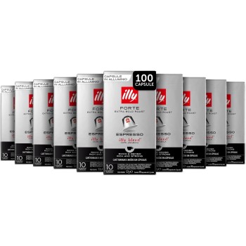 illy, Caffè in Capsule Compatibili in Alluminio FORTE, 100% Arabica con Intenso Aroma di Pan Tostato e un Retrogusto di Cioccolato Fondente, Gusto Deciso, 10 Confezioni da 10 (100 Capsule Totali)