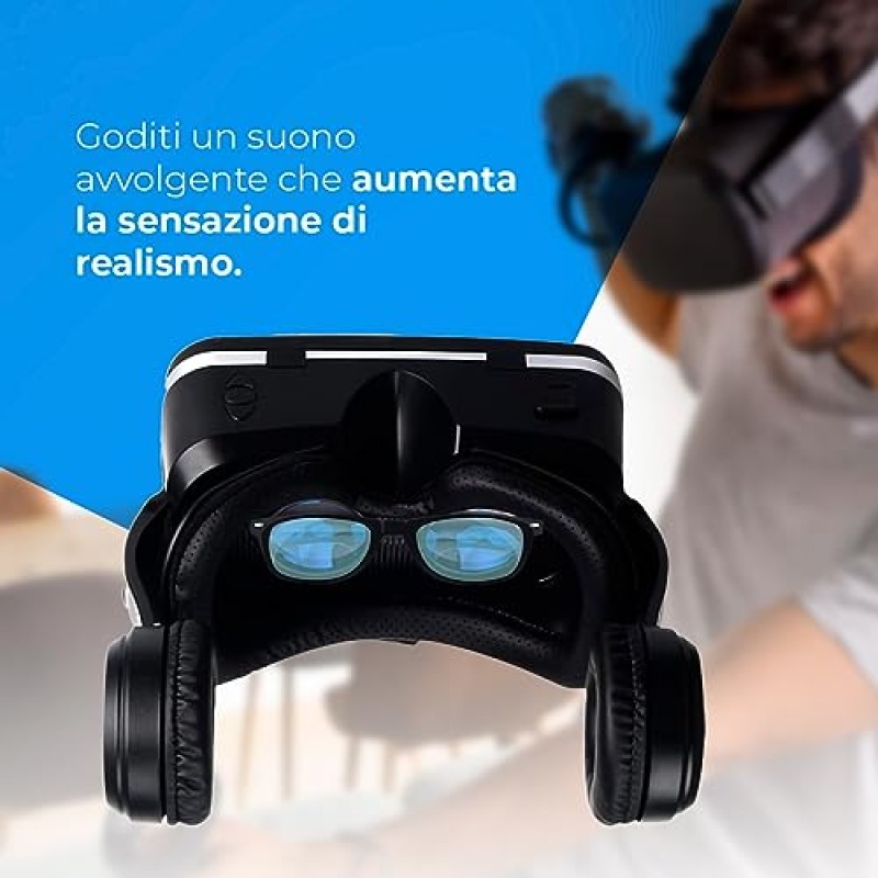 NK Occhiali 3D VR per Smartphone – Visore Intelligenti di Realtà Virtuale con Audio per Smartphone tra 4,7" - 6,53", Angolo Visione 90 - 100º, Rotazione 360°, Obiettivo e Pupilla Regolabile - Nero