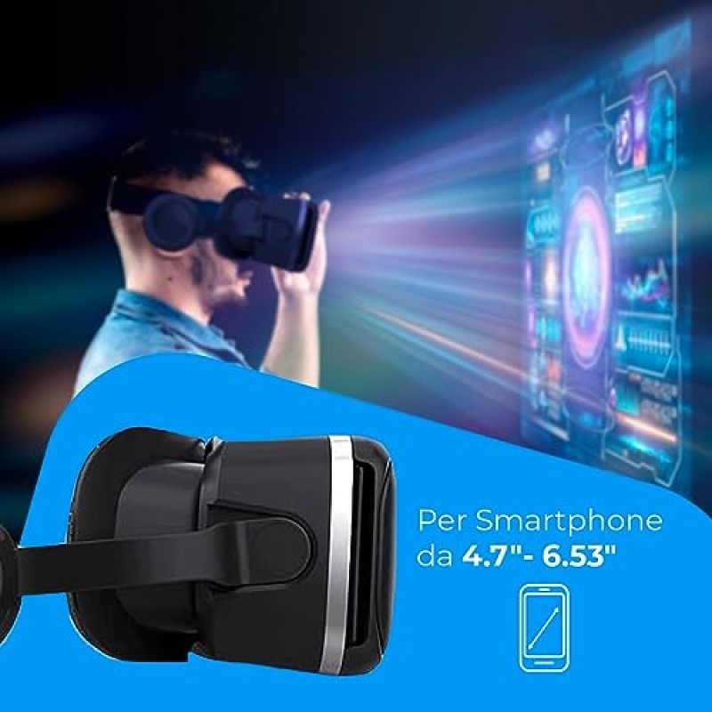 NK Occhiali 3D VR per Smartphone – Visore Intelligenti di Realtà Virtuale con Audio per Smartphone tra 4,7" - 6,53", Angolo Visione 90 - 100º, Rotazione 360°, Obiettivo e Pupilla Regolabile - Nero