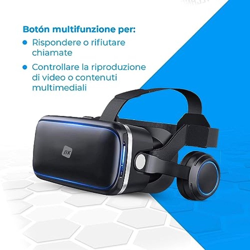 NK Occhiali 3D VR per Smartphone – Visore Intelligenti di Realtà Virtuale con Audio per Smartphone tra 4,7" - 6,53", Angolo Visione 90 - 100º, Rotazione 360°, Obiettivo e Pupilla Regolabile - Nero