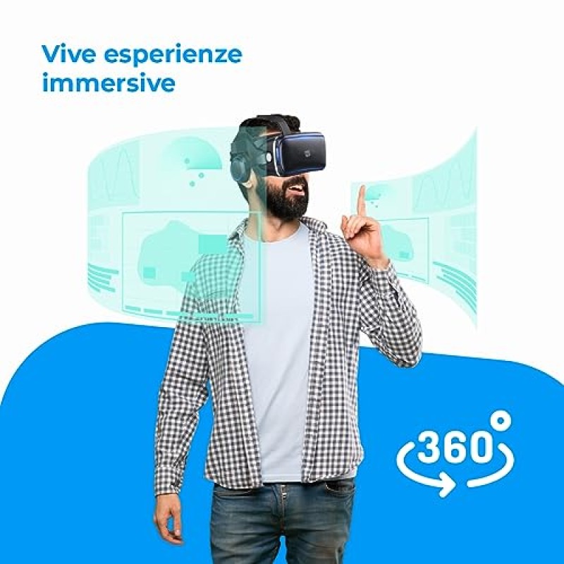 NK Occhiali 3D VR per Smartphone – Visore Intelligenti di Realtà Virtuale con Audio per Smartphone tra 4,7" - 6,53", Angolo Visione 90 - 100º, Rotazione 360°, Obiettivo e Pupilla Regolabile - Nero