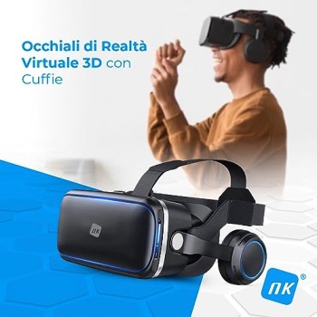 NK Occhiali 3D VR per Smartphone – Visore Intelligenti di Realtà Virtuale con Audio per Smartphone tra 4,7" - 6,53", Angolo Visione 90 - 100º, Rotazione 360°, Obiettivo e Pupilla Regolabile - Nero
