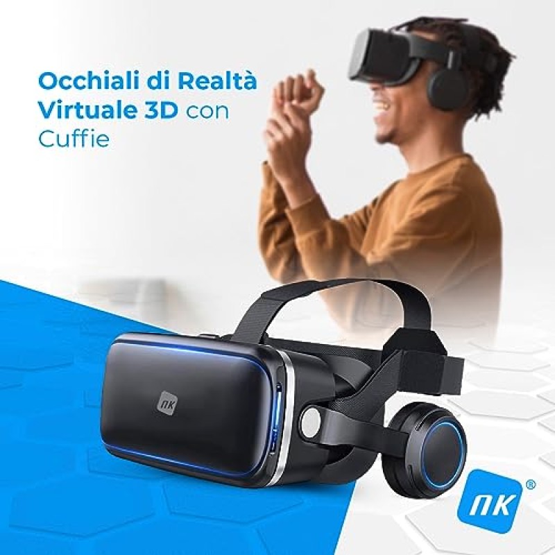 NK Occhiali 3D VR per Smartphone – Visore Intelligenti di Realtà Virtuale con Audio per Smartphone tra 4,7" - 6,53", Angolo Visione 90 - 100º, Rotazione 360°, Obiettivo e Pupilla Regolabile - Nero