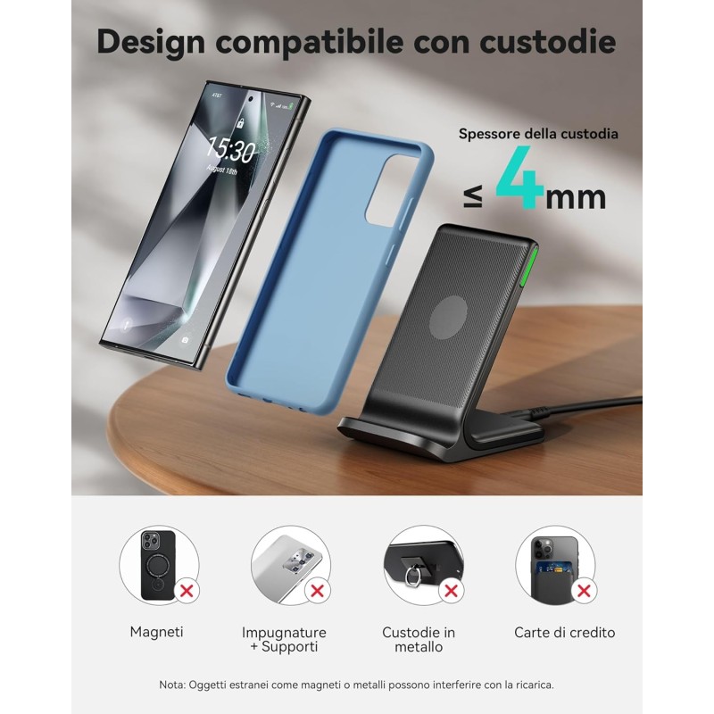 Caricatore Wireless, INIU 15W Certificato Qi Ricarica Rapida Wireless Phone Charger Holder Wireless Luce adattiv Supporto Telefono per iPhone 17 16 15 14 13 12 11 Pro Max Samsung Galaxy Google Pixel - 1 Pezzi Nero