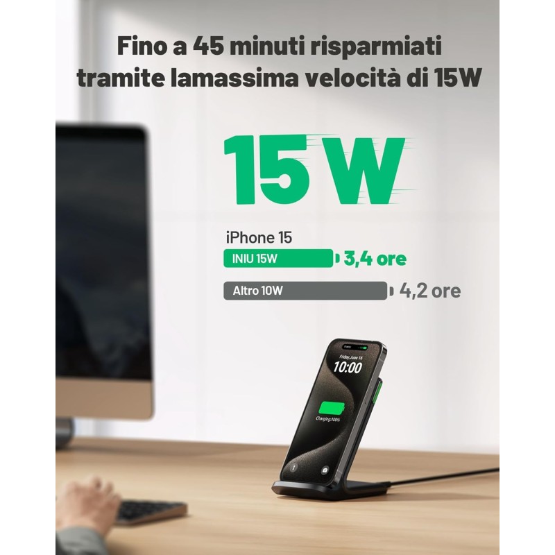 Caricatore Wireless, INIU 15W Certificato Qi Ricarica Rapida Wireless Phone Charger Holder Wireless Luce adattiv Supporto Telefono per iPhone 17 16 15 14 13 12 11 Pro Max Samsung Galaxy Google Pixel - 1 Pezzi Nero
