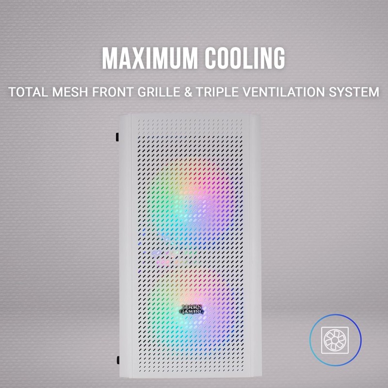 Mars Gaming MC300W, Case PC Micro ATX, Vetro Temperato, MESH Frontale, 3x Ventole FRGB, Bianco Mars Gaming MC300W, Case PC Micro ATX, Vetro Temperato, MESH Frontale, 3x Ventole FRGB, Bianco