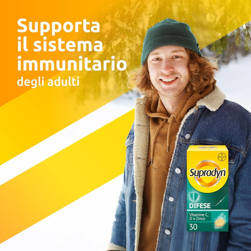 Supradyn Difese Integratore Multivitaminico con Vitamina D3, C, Zinco, Integratore Difese Immunitarie Adulti, Multivitamine per Sistema Immunitario - 30 Compresse Effervescenti Gusto Arancia - 30 unità (Confezione da 1)