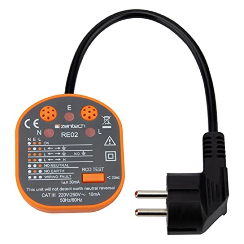 Zenitech - Tester Di Prese e Differenziali CATIII - Verifica Del Cablaggio 250V - Indicatore Di Assenza P/N/T - Rilevazione Investimenti P/T e P/N - Arancione