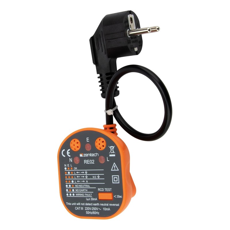 Zenitech - Tester Di Prese e Differenziali CATIII - Verifica Del Cablaggio 250V - Indicatore Di Assenza P/N/T - Rilevazione Investimenti P/T e P/N - Arancione