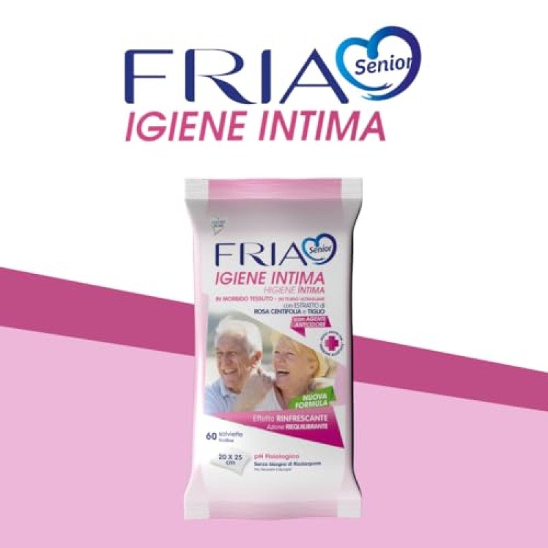 Salviette per l’Igiene Intima degli Anziani - con Estratti di Rosa Centifolia e Tiglio - Azione Riequilibrante - Antiodore - Formato: 60 Salviette - FRIA Senior - 60 unità (Confezione da 1)