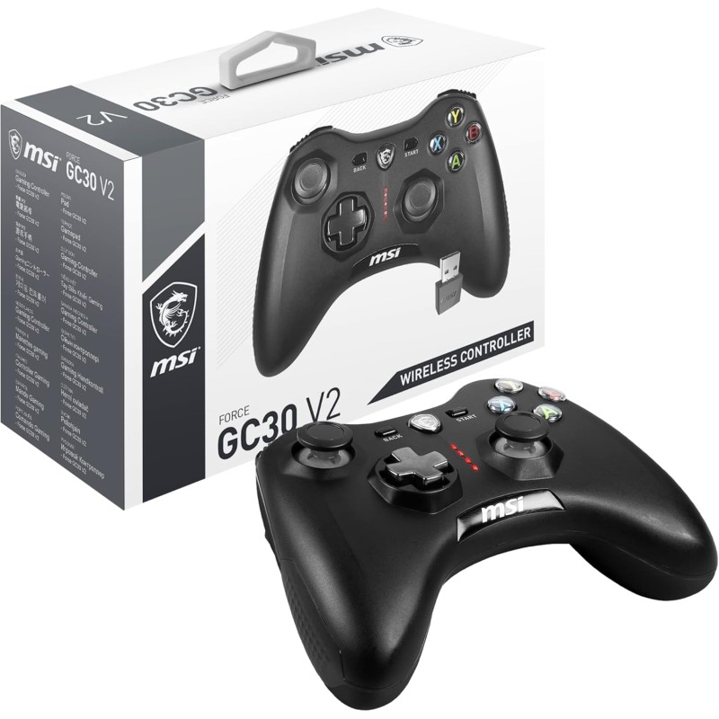 MSI FORCE GC30 V2 Wireless PC Gamepad Controller - 2.4 GHz, batteria Li-Ion 600mAh, coperture D-Pad sostituibili, due motori a vibrazione, USB 2.0 - cablato/wireless - Nero MSI FORCE GC30 V2 Wireless PC Gamepad Controller - 2.4 GHz, batteria Li-Ion 600mAh, coperture D-Pad sostituibili, due motori a vibrazione, USB 2.0 - cablato/wireless - Nero