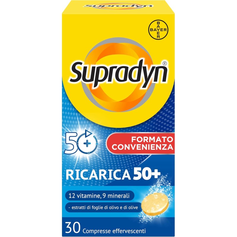 Supradyn Ricarica 50+ Integratore Multivitaminico Completo Vitamine E Minerali Con Vitamina B12, C, D, Zinco Per Stanchezza Fisica E Concentrazione Dai 50 Anni Uomo E Donna, 30 Compresse Effervescenti - 30 unità (Confezione da 1)