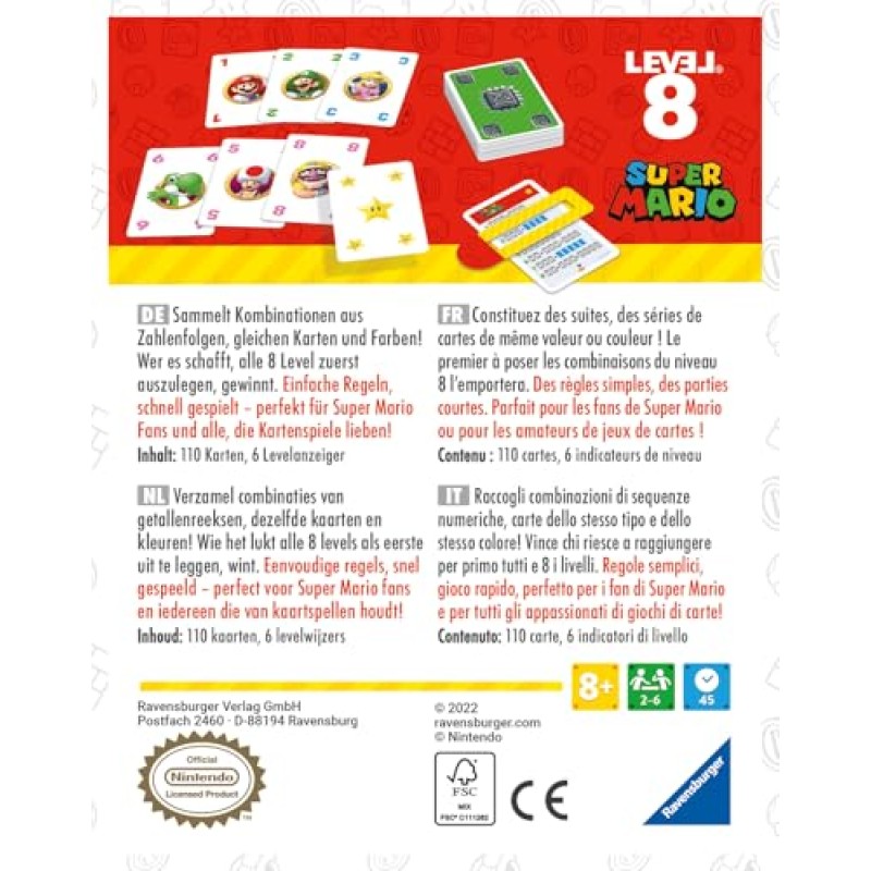 Ravensburger - Super Mario Level 8 | Giochi Di Carte Per Bambini 8 Anni | Gioco Super Mario Per Tutta La Famigli | 2-6 Giocatori | Giochi Di Carte Per Bambini