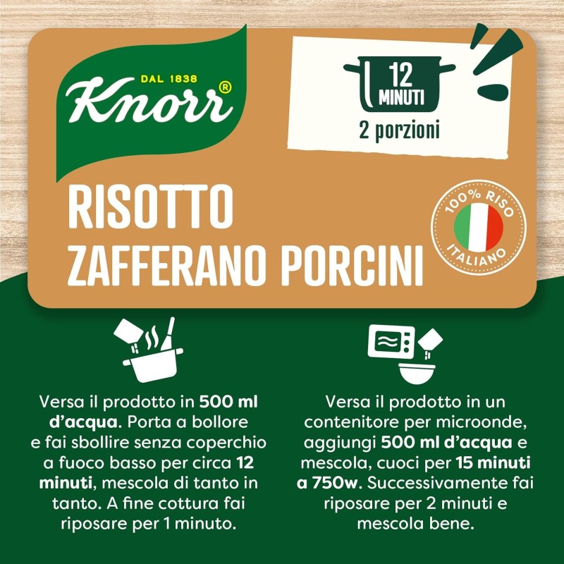 Knorr Risotto con Zafferano e Funghi Porcini, Risotto Pronto con Ingredienti Naturali, 100% Riso Italiano e Chicci al Dente, Preparazione in Pentola o al Microonde, 175g, 2 Porzioni - 175 g (Confezione da 1)
