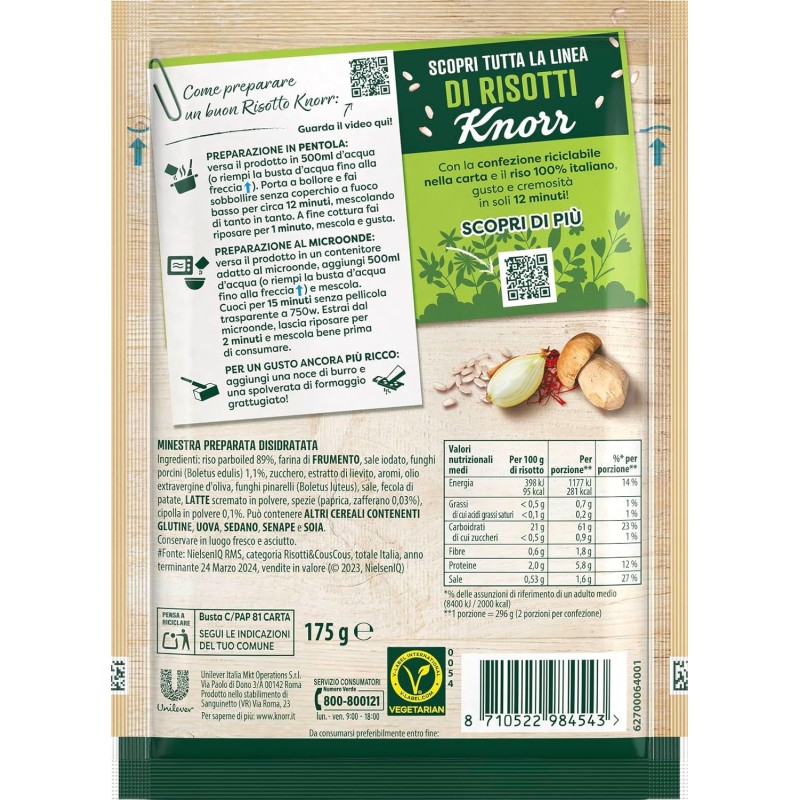 Knorr Risotto con Zafferano e Funghi Porcini, Risotto Pronto con Ingredienti Naturali, 100% Riso Italiano e Chicci al Dente, Preparazione in Pentola o al Microonde, 175g, 2 Porzioni - 175 g (Confezione da 1)