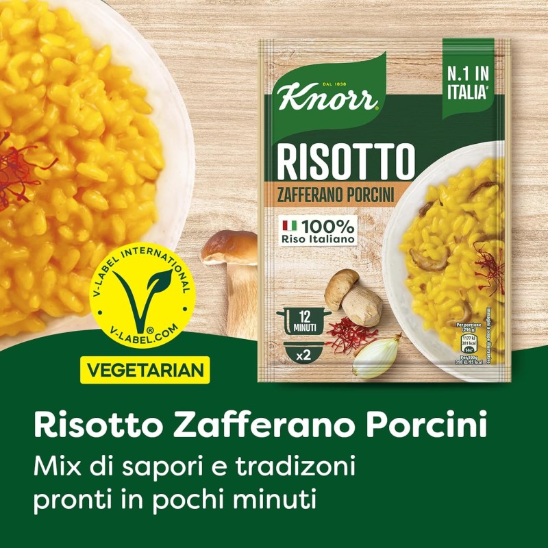 Knorr Risotto con Zafferano e Funghi Porcini, Risotto Pronto con Ingredienti Naturali, 100% Riso Italiano e Chicci al Dente, Preparazione in Pentola o al Microonde, 175g, 2 Porzioni - 175 g (Confezione da 1)