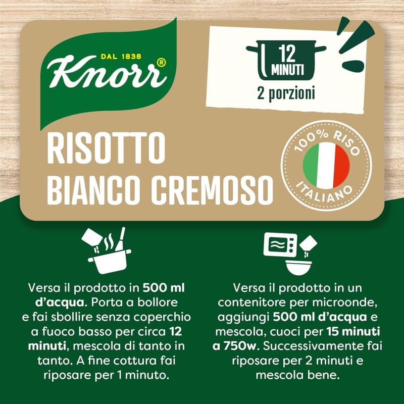 Knorr Risotto Bianco Cremoso, Risotto Pronto con Ingredienti Naturali, 100% Riso Italiano e Chicci al Dente, Preparazione in Pentola o al Microonde, 175g, 2 Porzioni - 175 g (Confezione da 1)