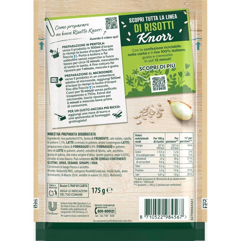 Knorr Risotto Bianco Cremoso, Risotto Pronto con Ingredienti Naturali, 100% Riso Italiano e Chicci al Dente, Preparazione in Pentola o al Microonde, 175g, 2 Porzioni - 175 g (Confezione da 1)