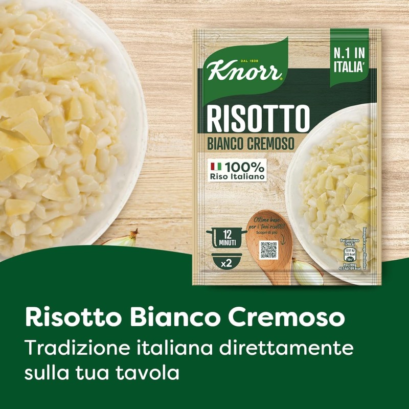 Knorr Risotto Bianco Cremoso, Risotto Pronto con Ingredienti Naturali, 100% Riso Italiano e Chicci al Dente, Preparazione in Pentola o al Microonde, 175g, 2 Porzioni - 175 g (Confezione da 1)