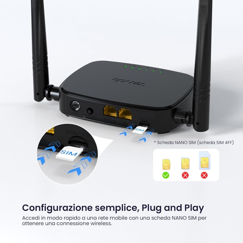Tenda 4G03 Pro Router 4G LTE Cat4 Wireless N300Mbps, Router WiFi con SIM, Ricarica con Power Bank, Due Antenne Esterne, Porta LAN/WAN, Modem 4G SIM, Senza Configurazione, Plug&Play