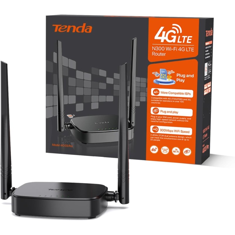 Tenda 4G03 Pro Router 4G LTE Cat4 Wireless N300Mbps, Router WiFi con SIM, Ricarica con Power Bank, Due Antenne Esterne, Porta LAN/WAN, Modem 4G SIM, Senza Configurazione, Plug&Play