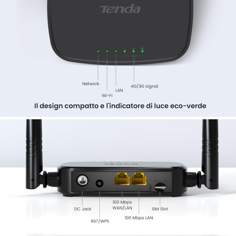 Tenda 4G03 Pro Router 4G LTE Cat4 Wireless N300Mbps, Router WiFi con SIM, Ricarica con Power Bank, Due Antenne Esterne, Porta LAN/WAN, Modem 4G SIM, Senza Configurazione, Plug&Play