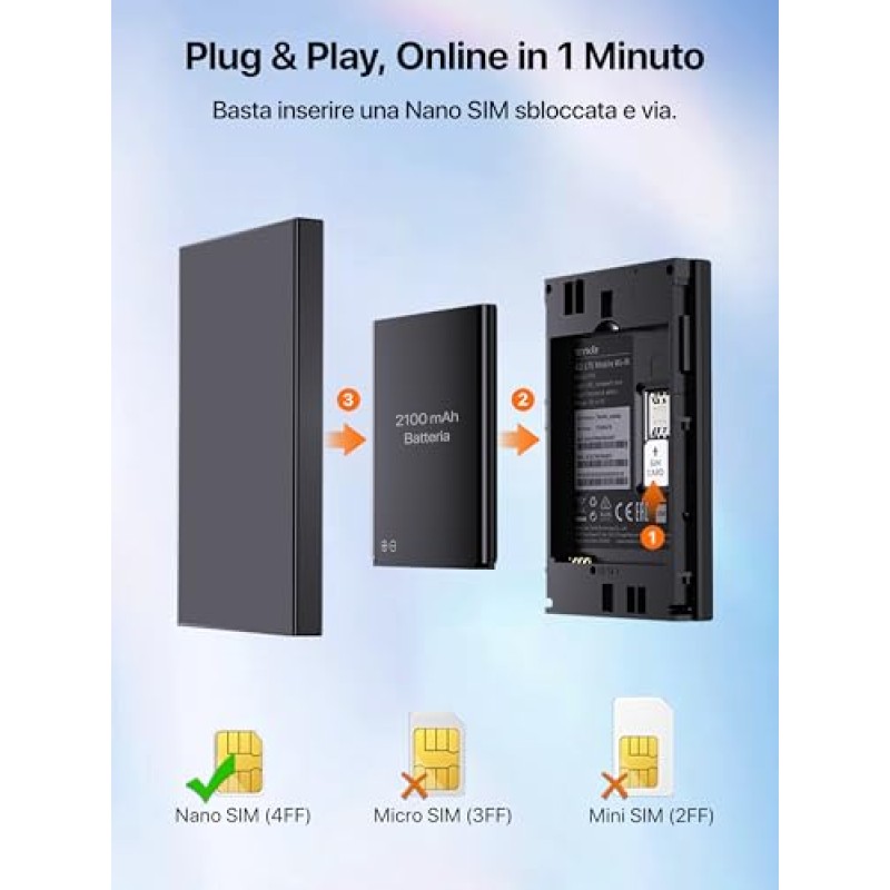 Tenda (Nuovo) MF6 Saponetta WiFi con SIM CAT 4 150Mbps, Wi-Fi 6 AX300Mbps, Router WiFi con SIM Portatile, Schermo LCD a Colori, Batteria Ricaricabile, USB-C Porta, Carica con Powerbank, Plug & Play