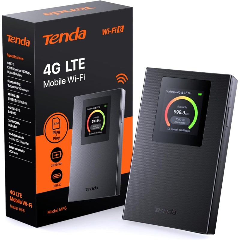 Tenda (Nuovo) MF6 Saponetta WiFi con SIM CAT 4 150Mbps, Wi-Fi 6 AX300Mbps, Router WiFi con SIM Portatile, Schermo LCD a Colori, Batteria Ricaricabile, USB-C Porta, Carica con Powerbank, Plug & Play