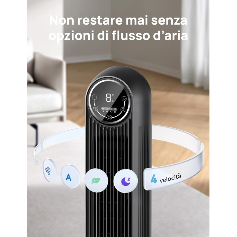 Dreo Ventilatore a torre silenzioso, 20 dB, distanza di lancio, 10 m, 4 velocità, 4 modalità, timer 8 ore, ventilatore oscillante a 90° con telecomando di raffreddamento per camera da letto, Nomad One - Nero