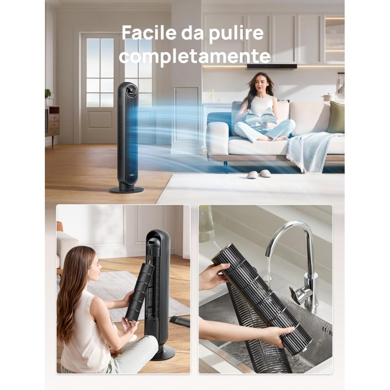 Dreo Ventilatore a torre silenzioso, 20 dB, distanza di lancio, 10 m, 4 velocità, 4 modalità, timer 8 ore, ventilatore oscillante a 90° con telecomando di raffreddamento per camera da letto, Nomad One - Nero