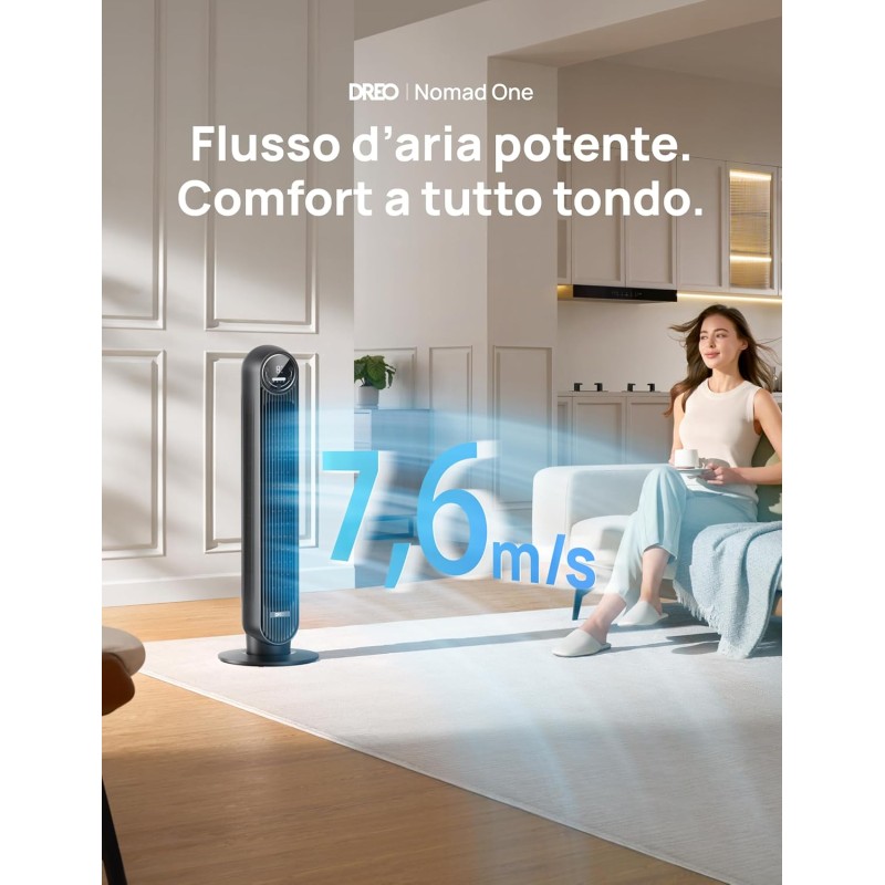 Dreo Ventilatore a torre silenzioso, 20 dB, distanza di lancio, 10 m, 4 velocità, 4 modalità, timer 8 ore, ventilatore oscillante a 90° con telecomando di raffreddamento per camera da letto, Nomad One - Nero